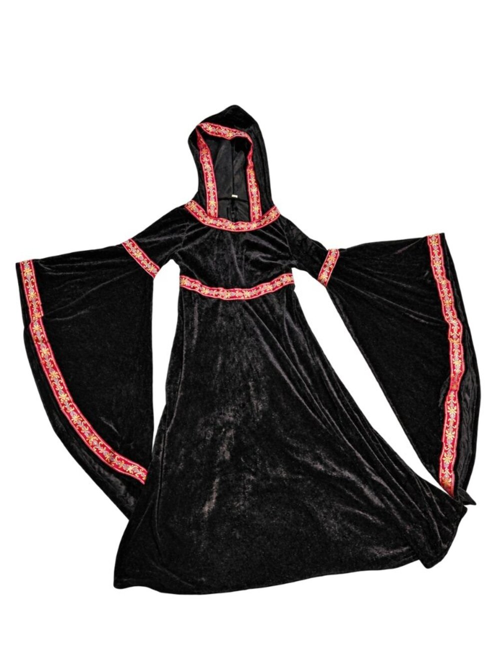 Black Velvet Hooded Dress Small Bell Sleeve Medieval Renaissance Embroidered